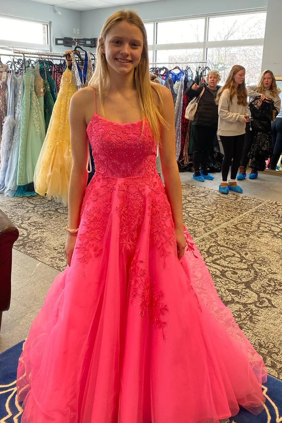 Hot Pink Applique Lace-Up Long Formal Dress