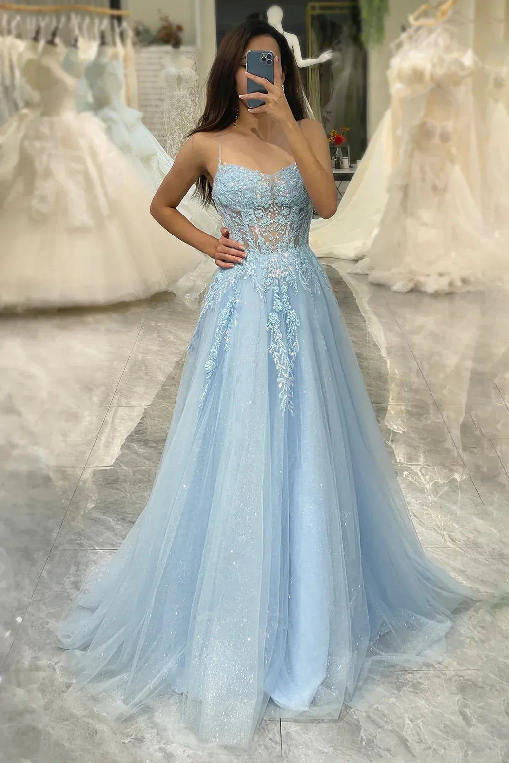 A Line Long Tulle Corset Appliqued Prom Dress