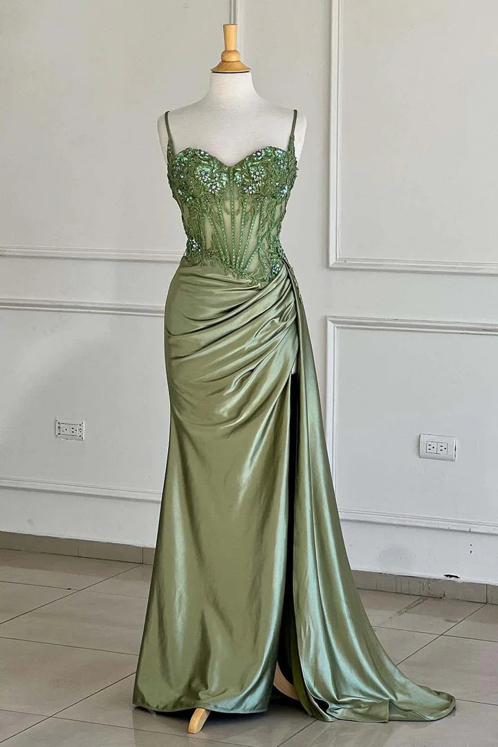 Stunning Sage Green Ruched Slit Prom Dress