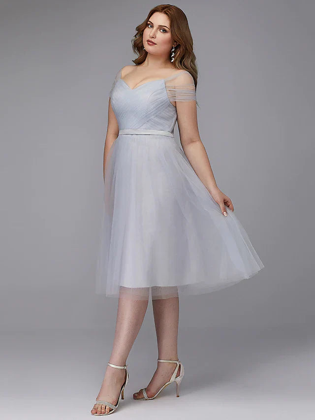 DingjiA-Line Elegant Cocktail Party Prom Dress Off Shoulder Short Sleeve Tea Length Tulle with Sash Ribbon Criss Cross
