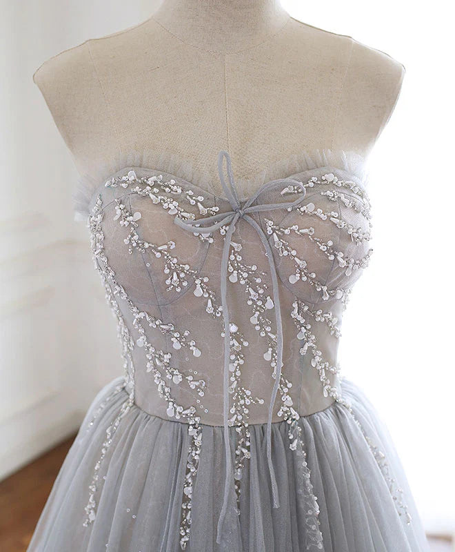 Sweetheart Tulle Beads Long Prom Dress Gray Tulle Formal Dress
