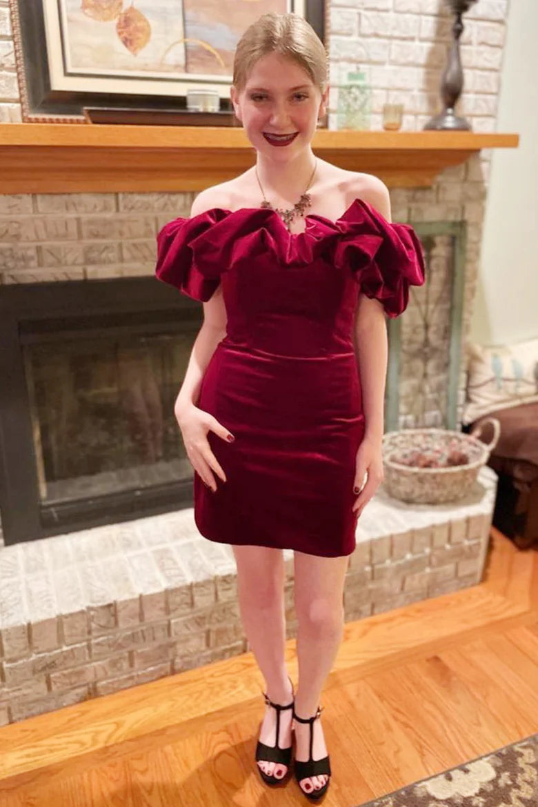 Velvet Off-the-Shoulder Ruffles Short Homecoming Dress