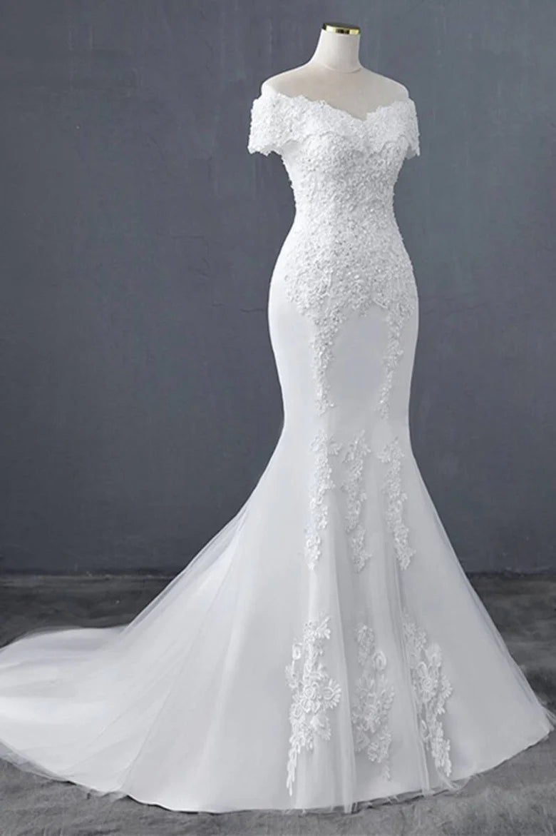 Floral Lace Off-the-Shoulder Trumpet Wedding Dress