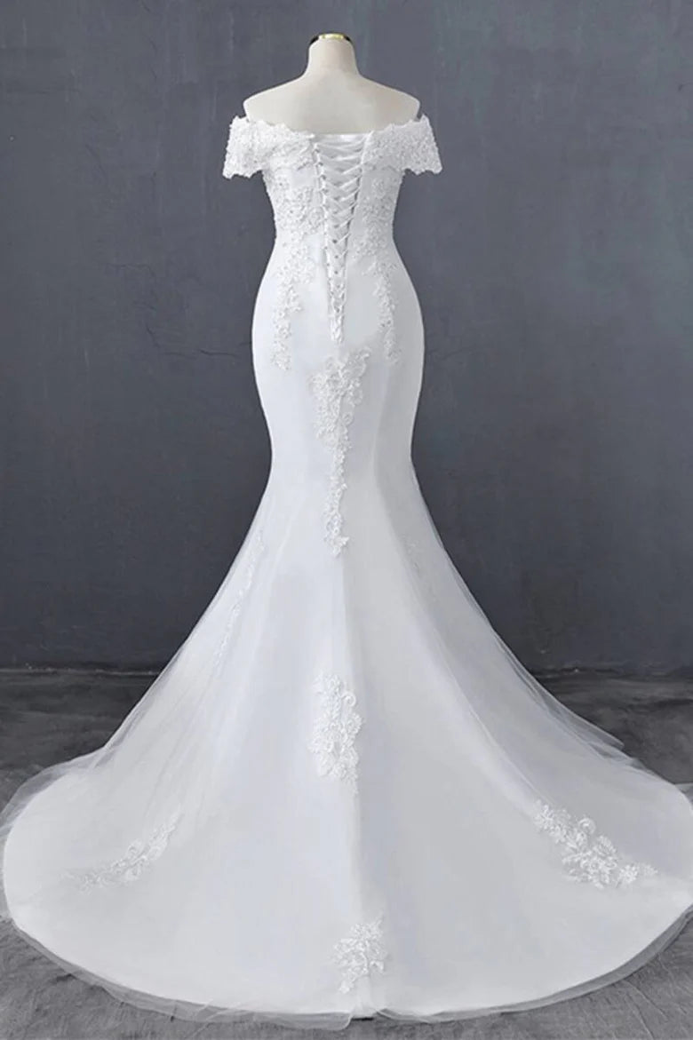 Floral Lace Off-the-Shoulder Trumpet Wedding Dress