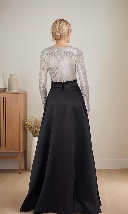 DingJi Wedding Satin Shining Long Sleeve Ball Dress with Pocket V-neck Split Women's Formal Wedding Guest Dress