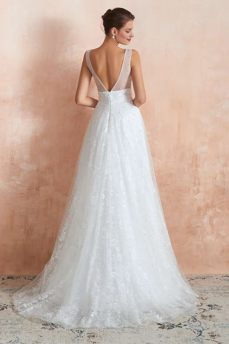 Pearls V-Neck Backless A-Line Wedding Dress