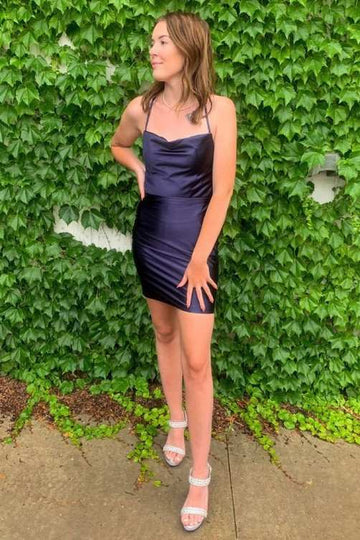 Cowl Neck Lace-Up Mini Cocktail Dress