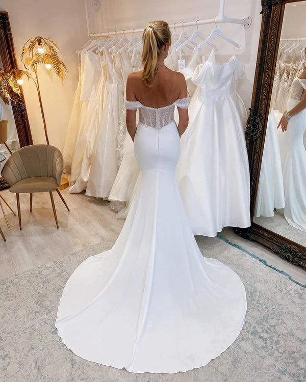 Mermaid Off the Shoulder Satin Long Wedding Dresses with Sequins