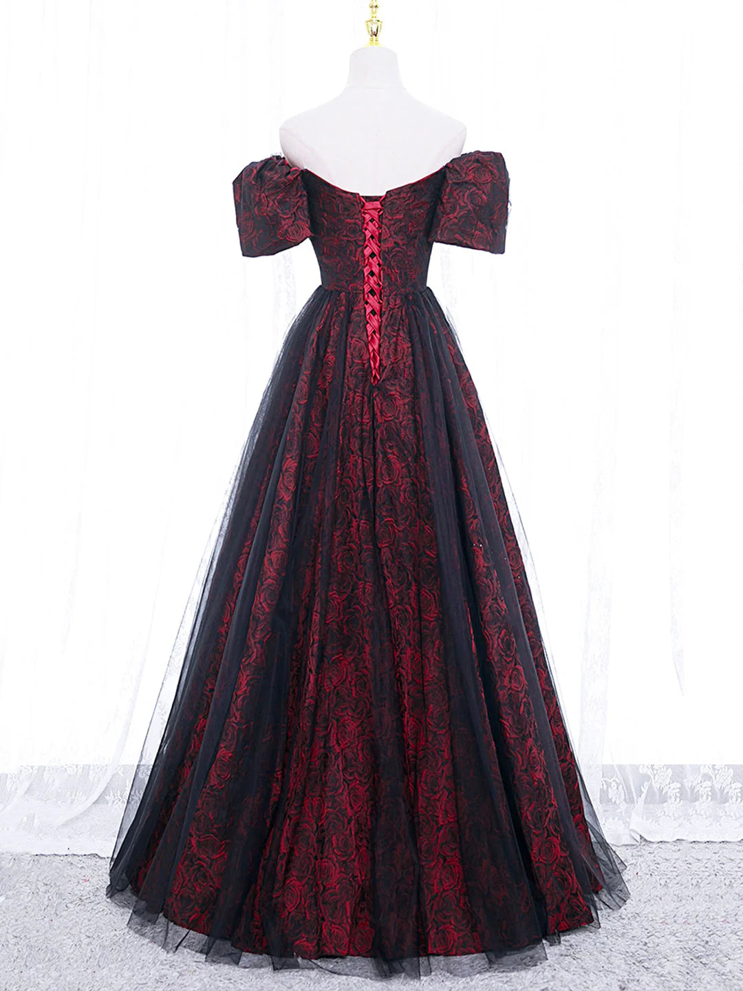 A-Line Tulle Lace Burgundy Long Prom Dress
