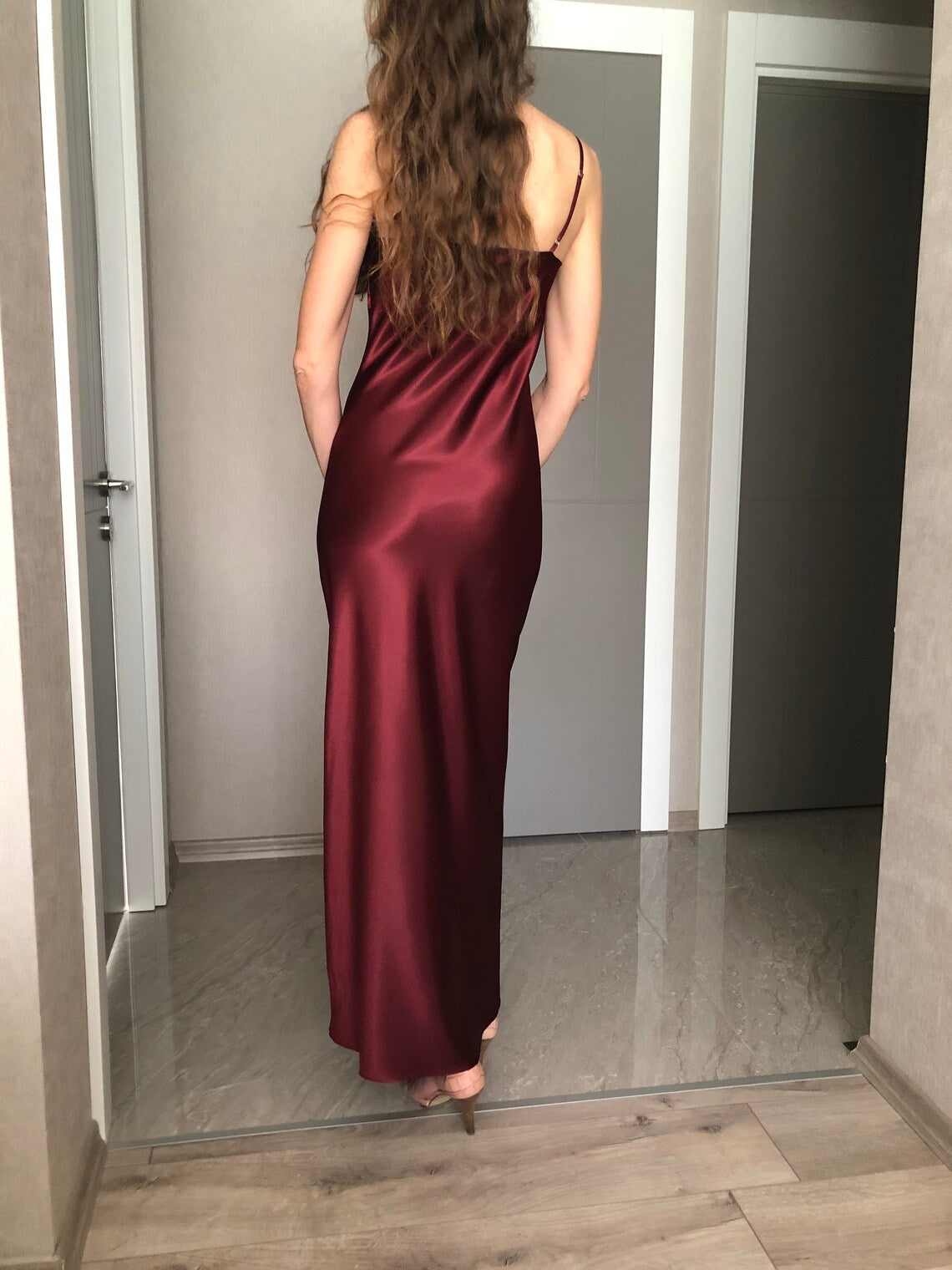 Maxi Silk Satin Dress Wine Red Extra Full Length Slip Dress Burgundy Adjustable Spaghetti Straps