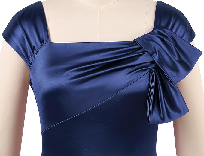 Navy Blue Women Style Retro Cap Sleeve Square Neck Satin Prom Long Maxi Dress