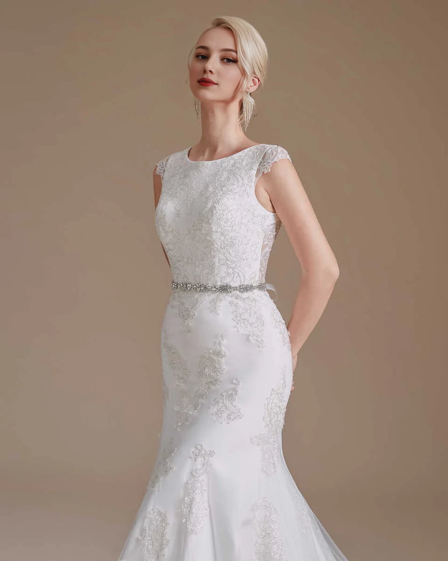 Lace Cap Sleeve Sheer Back Mermaid Wedding Dress
