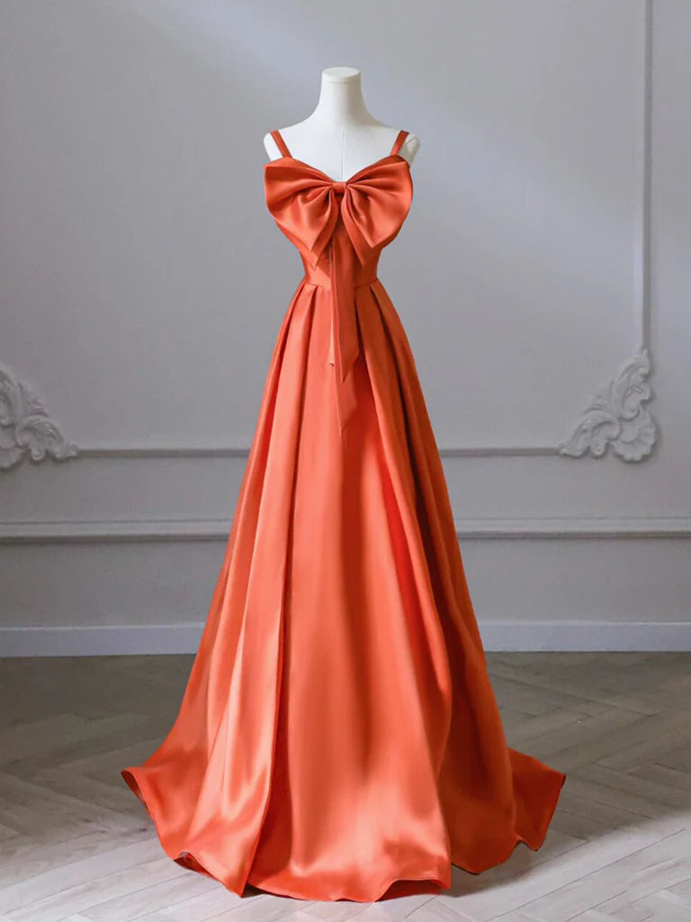 A-Line Orange Satin Long Prom Dress
