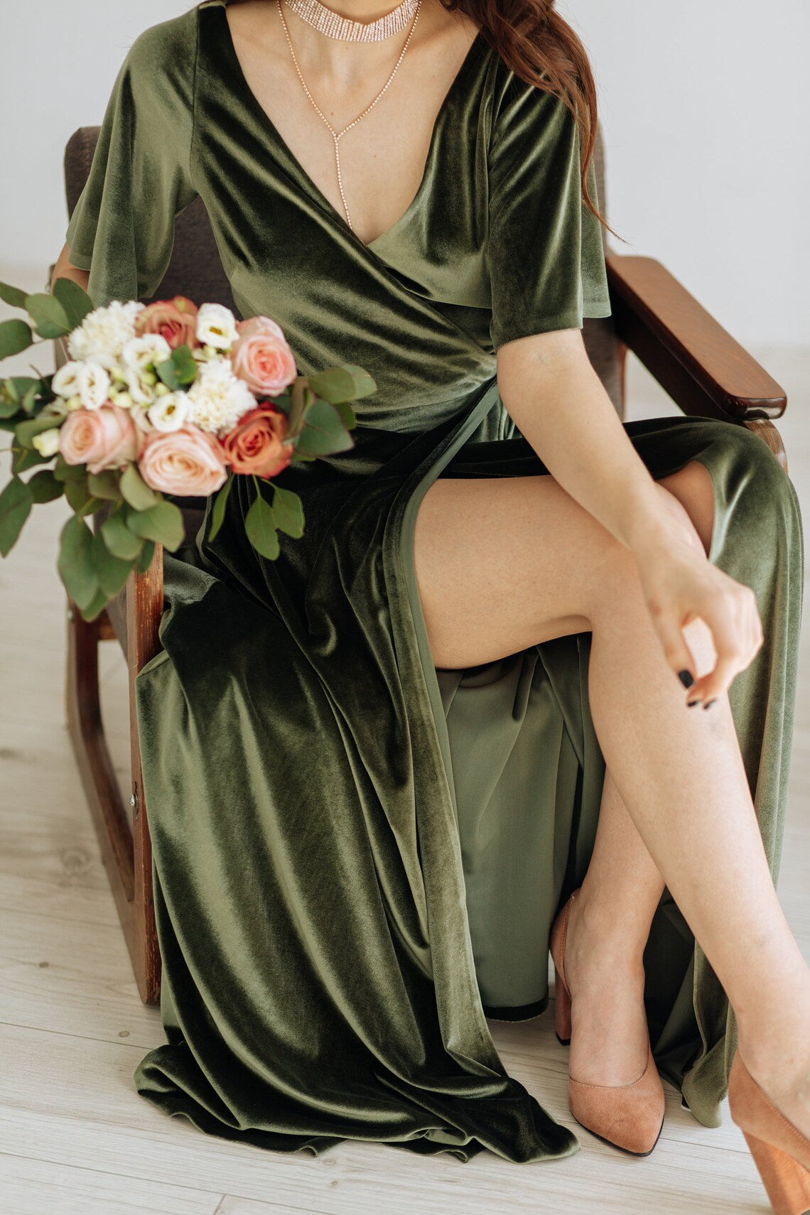 Velvet Bridesmaid Dress Green Velvet Dress Velvet Prom Dress Ruffle Sleeves V Neck Evening Dress