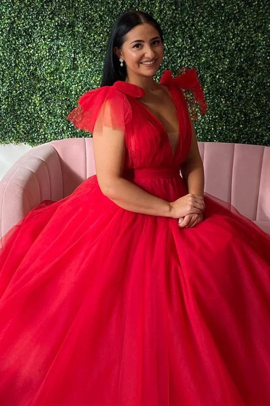 Plunge V Bow-Strap A-Line Long Prom Gown