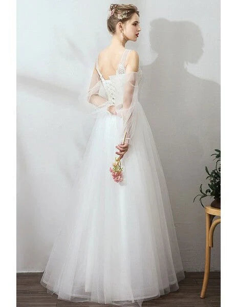 Long Sleeve Floral Lace Boho Tulle Wedding Dresses