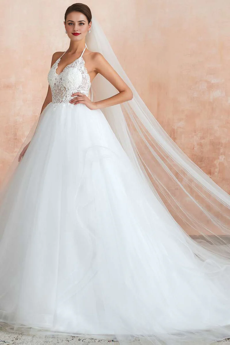 Chic Lace Halter Backless A-Line Wedding Dress