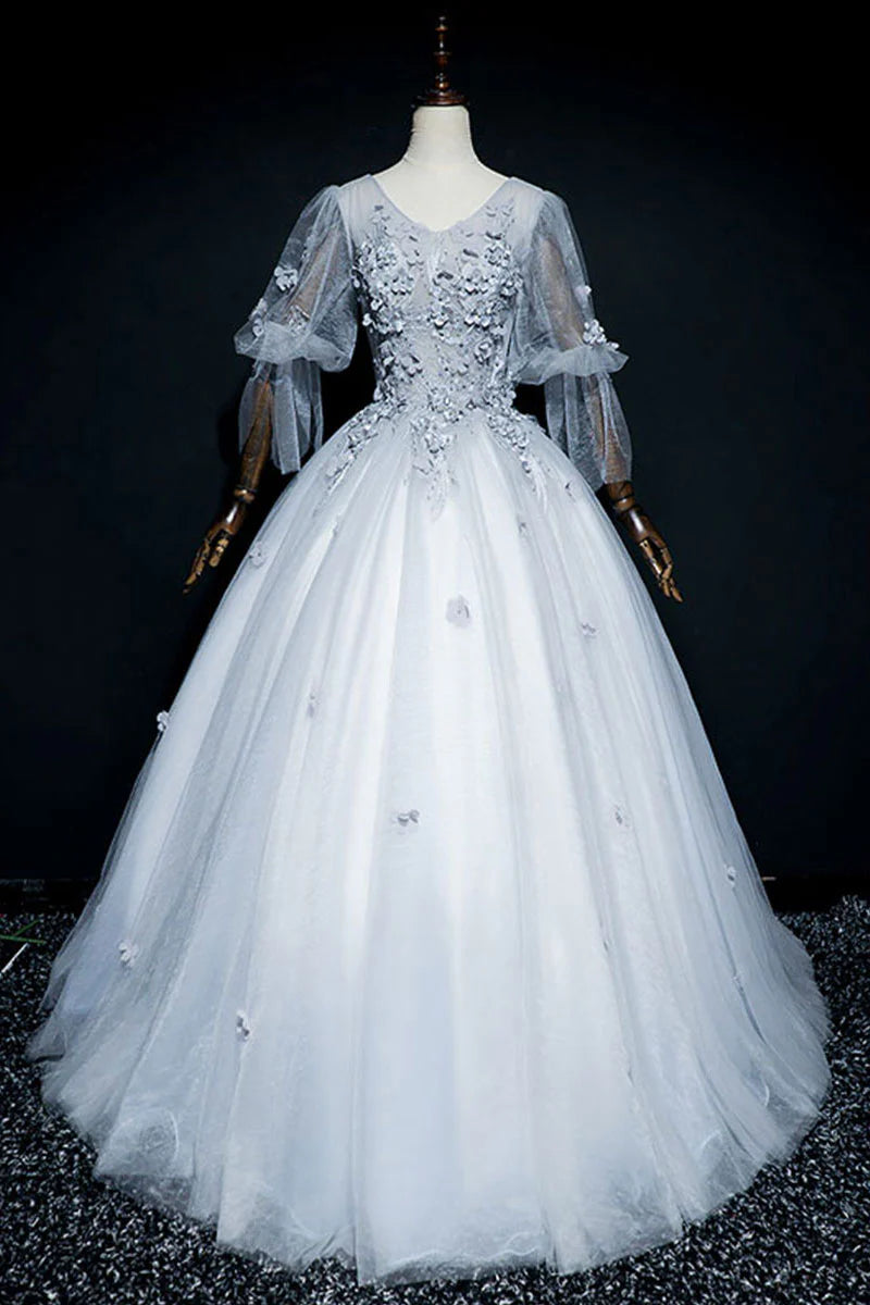 Gray v neck tulle lace long prom dress gray formal dress