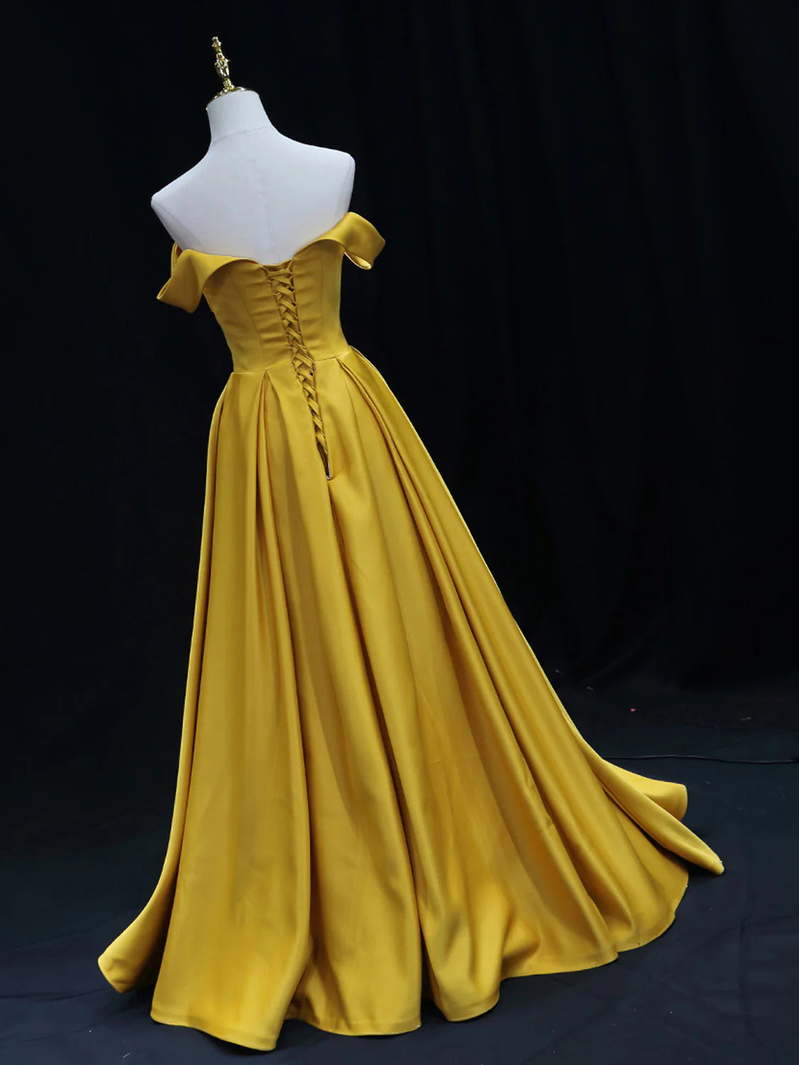 Off Shoulder Yellow Satin Long Prom Dress Yellow Formal Evening Dress
