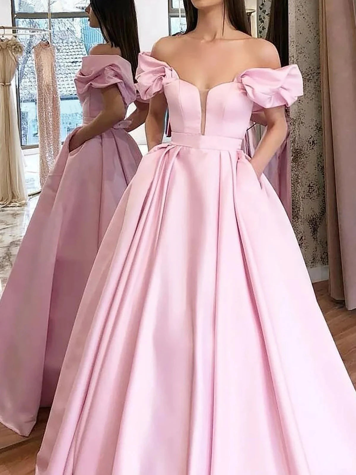 Ball Gown Off-The-Shoulder Floor-Length Long Dresses With Pockets