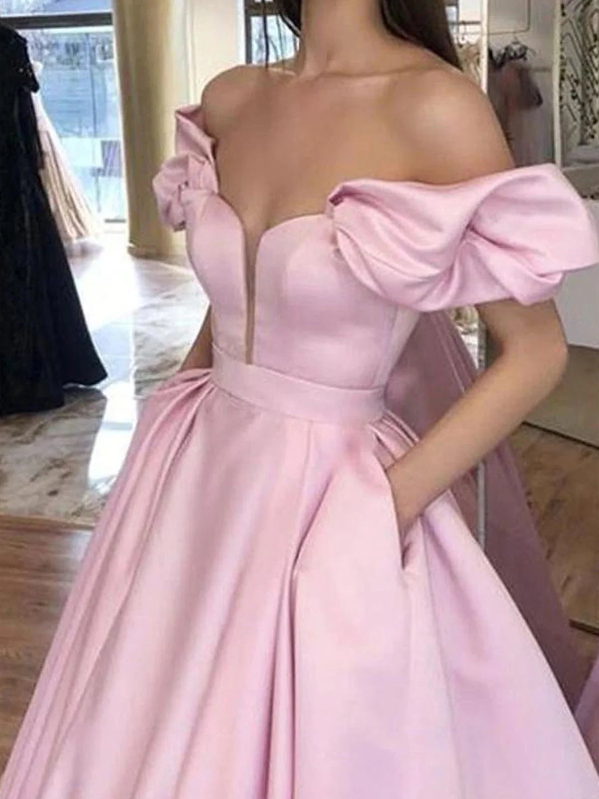 Ball Gown Off-The-Shoulder Floor-Length Long Dresses With Pockets