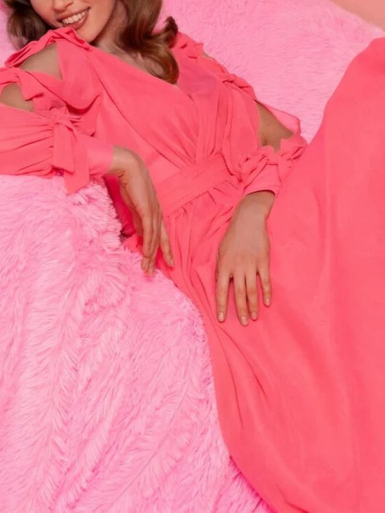 A-Line/Princess V-Neck Long Sleeves Floor-Length Evening Dress With Ruffles