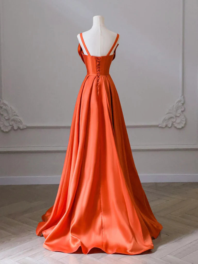 A-Line Orange Satin Long Prom Dress