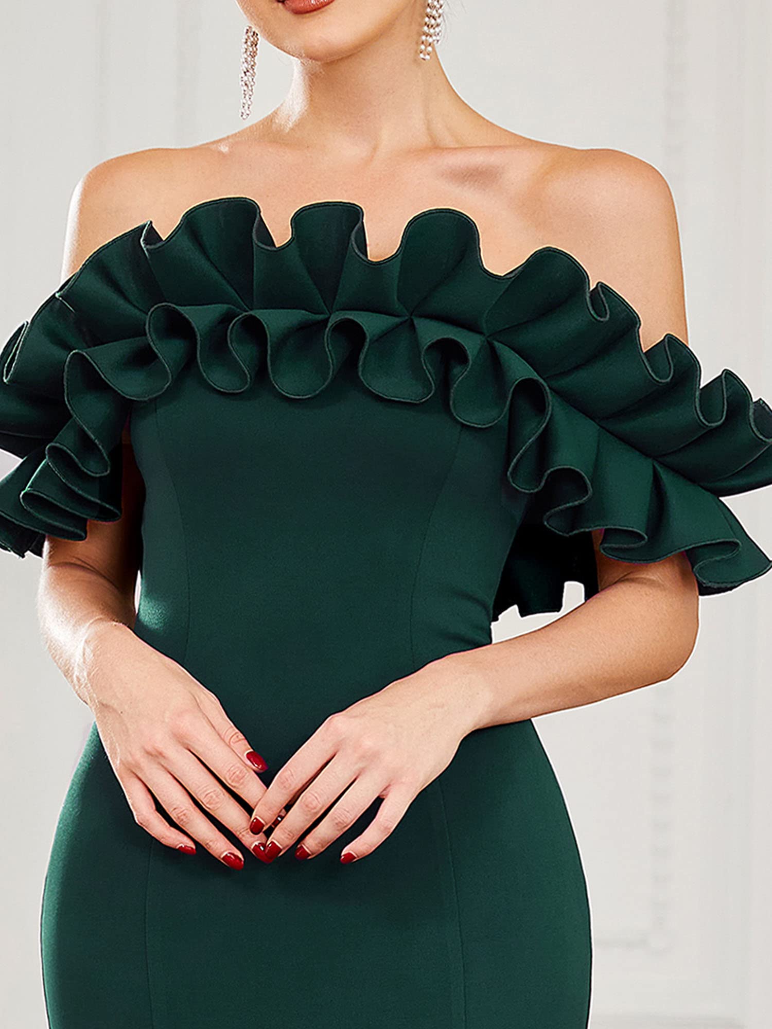 Dark Green Womens Off Shoulder Ruffle Sleeve Bodycon Formal Prom Dress