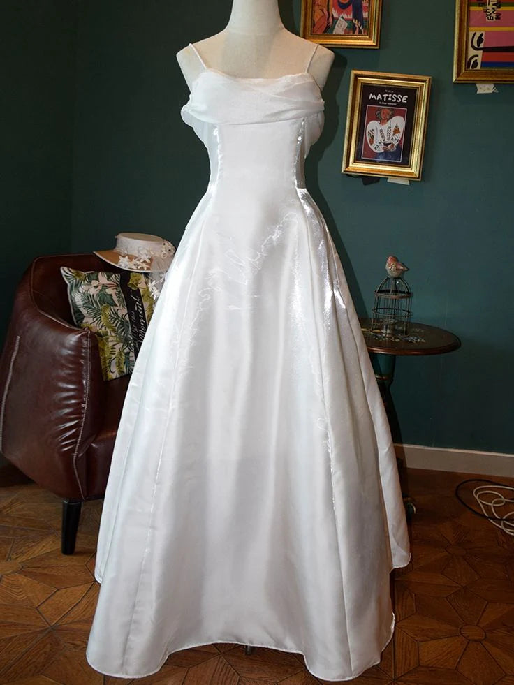 White Vintage Spaghetti Straps A Line Prom Dress Wedding Dress