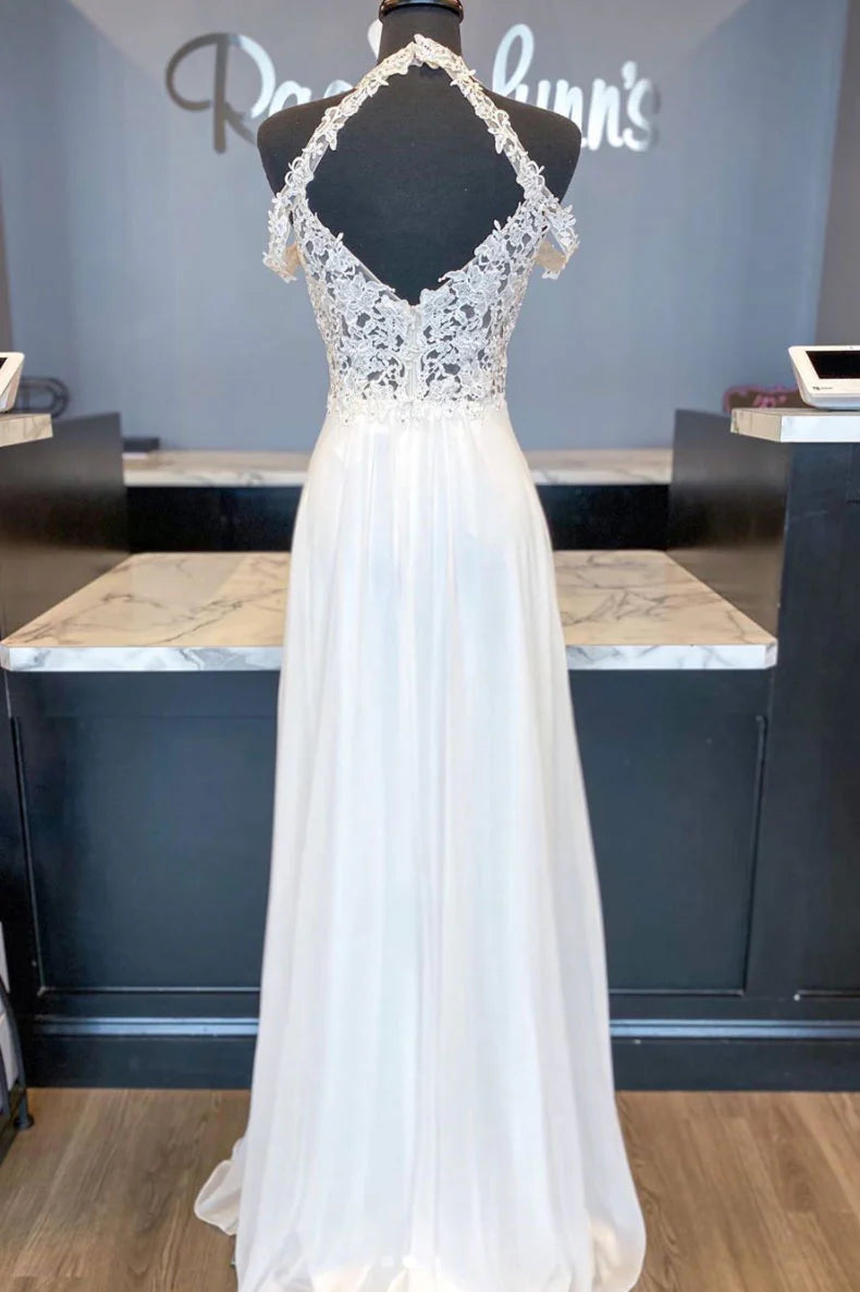 White sweetheart chiffon lace long prom dress white bridesmaid dress