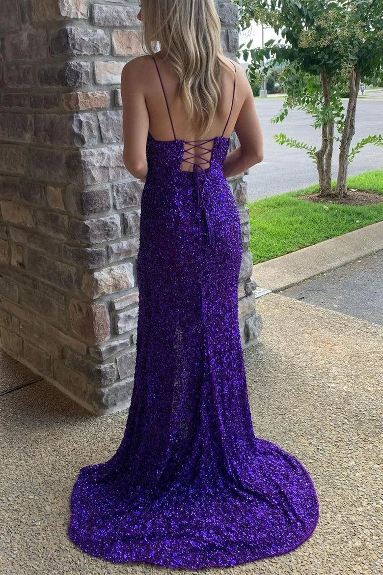 Purple Sequins Long Formal Dress with Slit