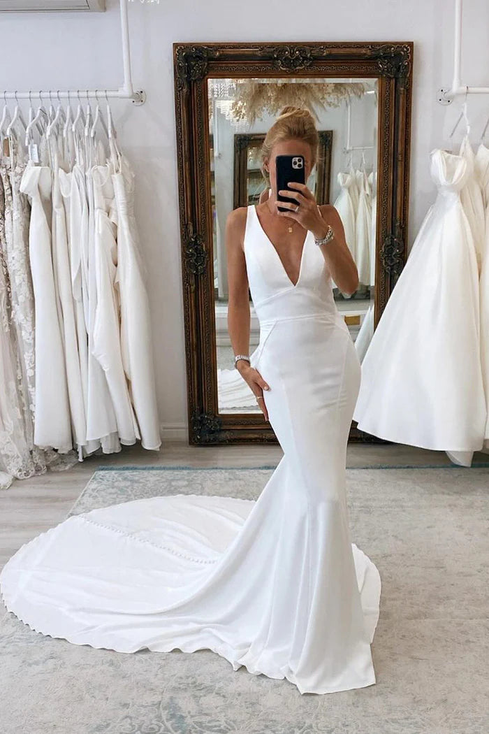 Mermaid V Neck Satin White Wedding Dresses