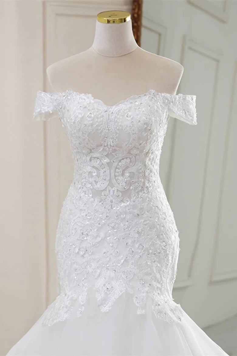 Lace Off-the-Shoulder Trumpet Long Wedding Dress