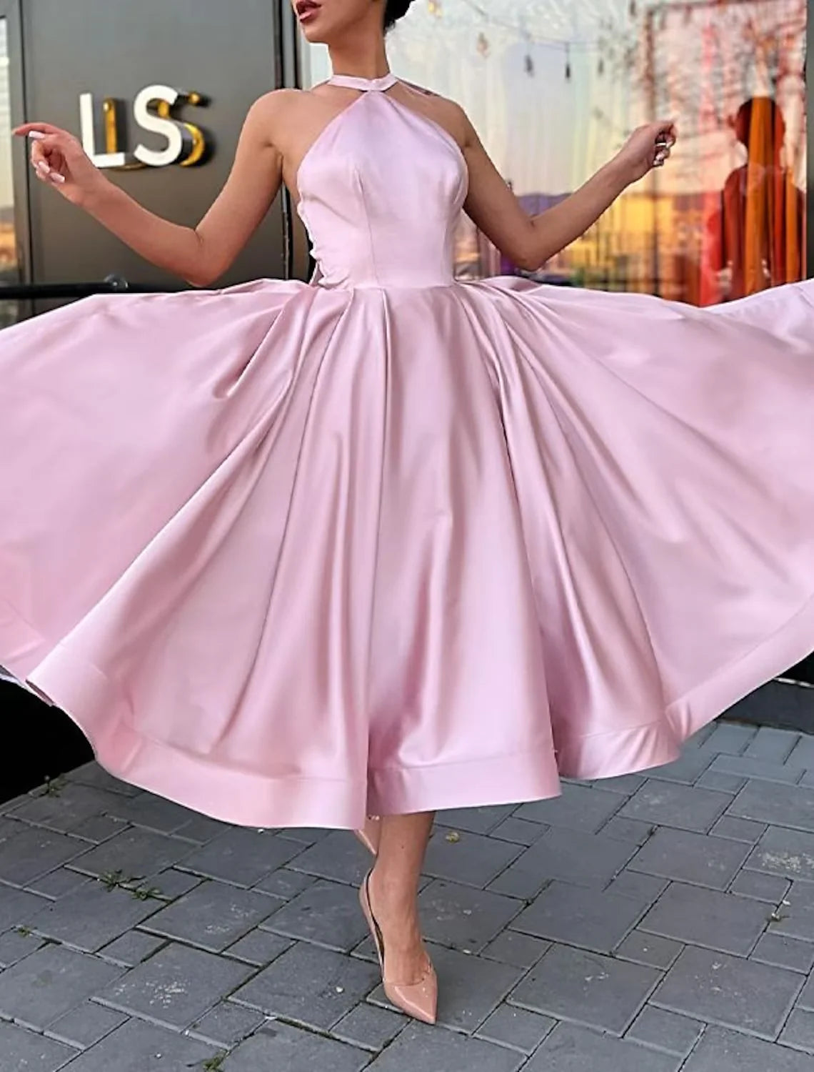 A-Line Evening Gown Plus Size Dress Homecoming Ankle Length Sleeveless Halter Satin with Butterfly