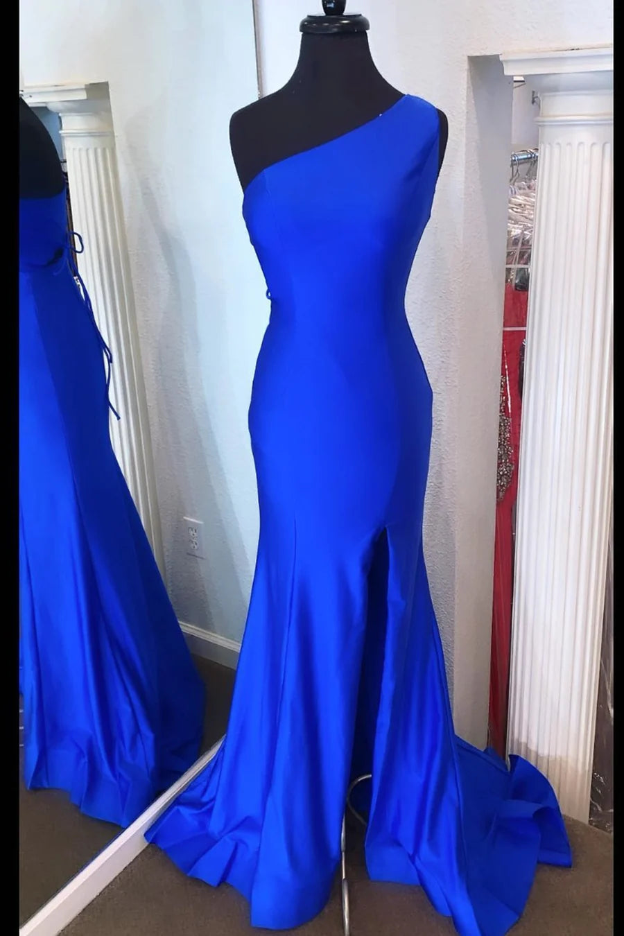 One-Shoulder Neon Pink Mermaid Long Formal Dress