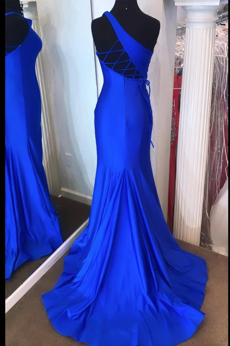 One-Shoulder Neon Pink Mermaid Long Formal Dress