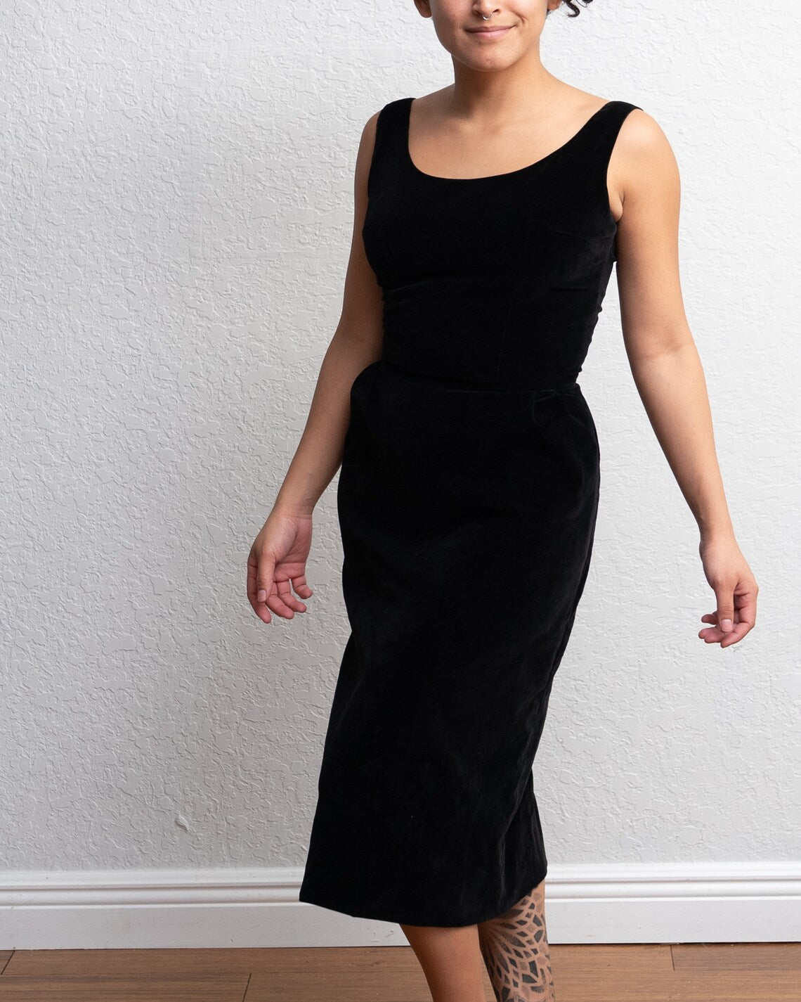 Vintage Black Velvet Dress Hourglass Knee Length Sleeveless Dress