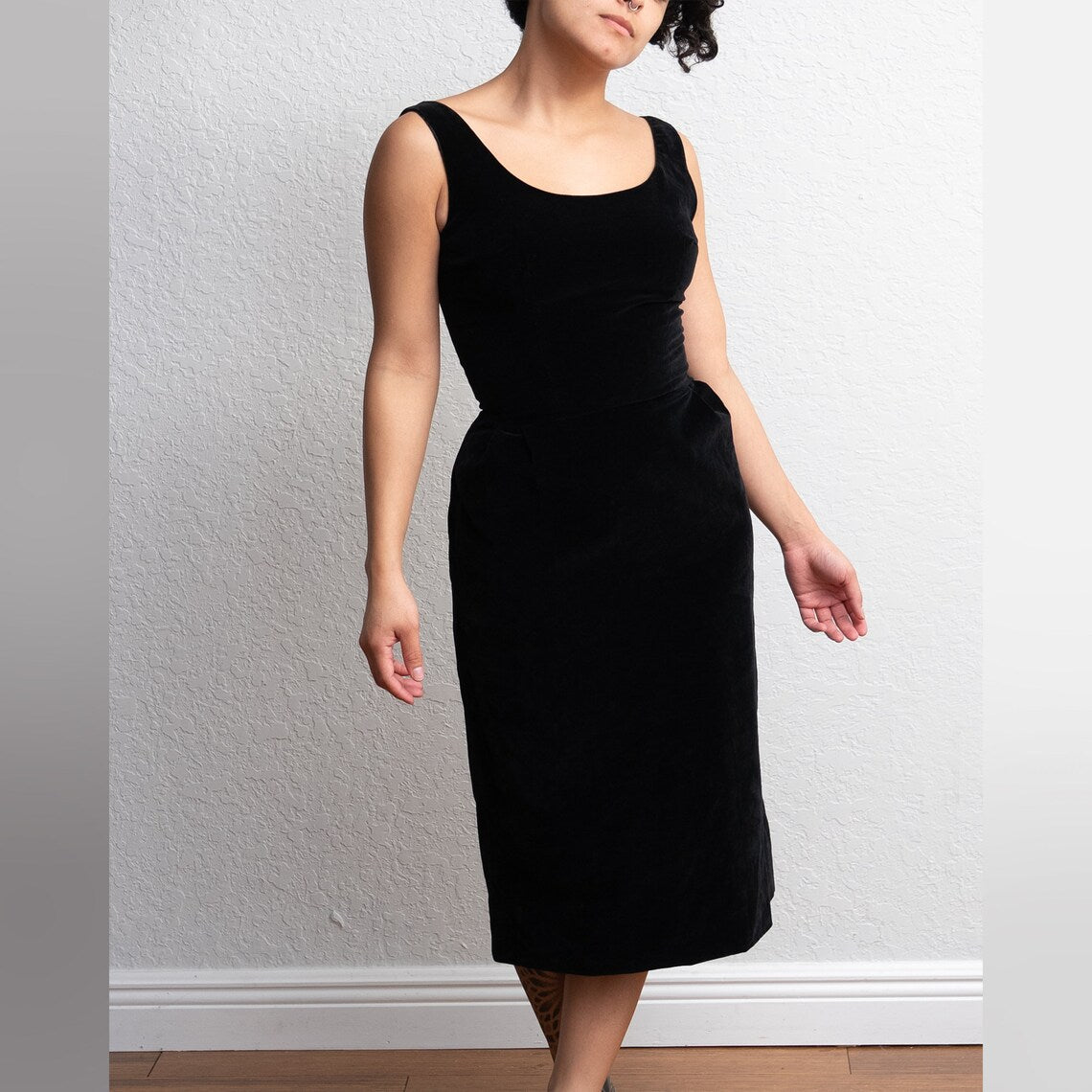 Vintage Black Velvet Dress Hourglass Knee Length Sleeveless Dress