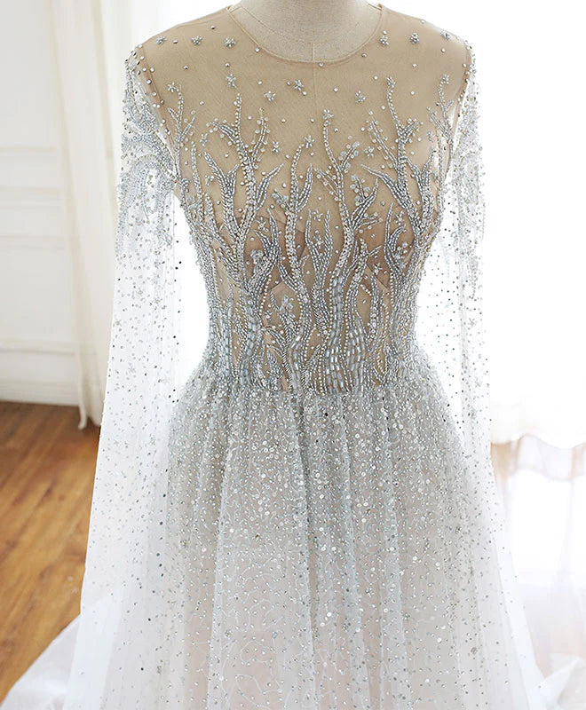 Round Neck Tulle Sequin Beads Long Prom Dress