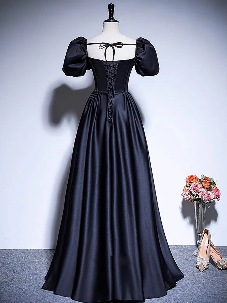 A-Line Satin Puff Sleeves Black Long Prom Dress