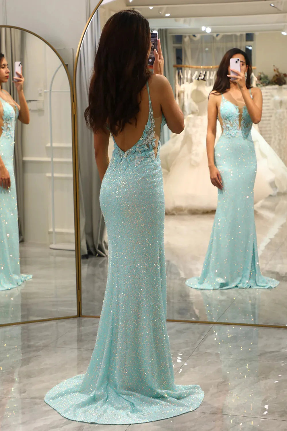 Light Green Mermaid Open Back Long Party Prom Dress