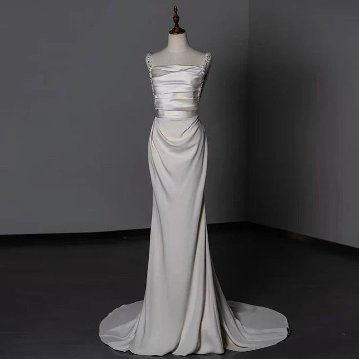 Sheath Long Satin White Wedding Dresses With Beads