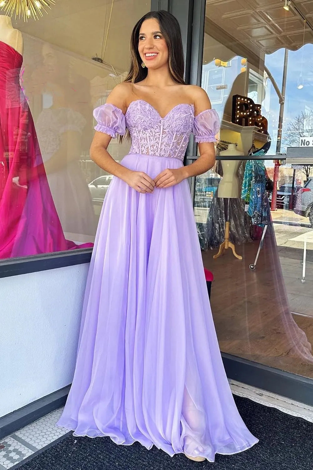 A Line Sweetheart Purple Corset Prom Dress with Appliques