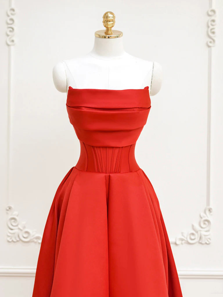 A-Line Satin Long Prom Dress Red Long Formal Dress