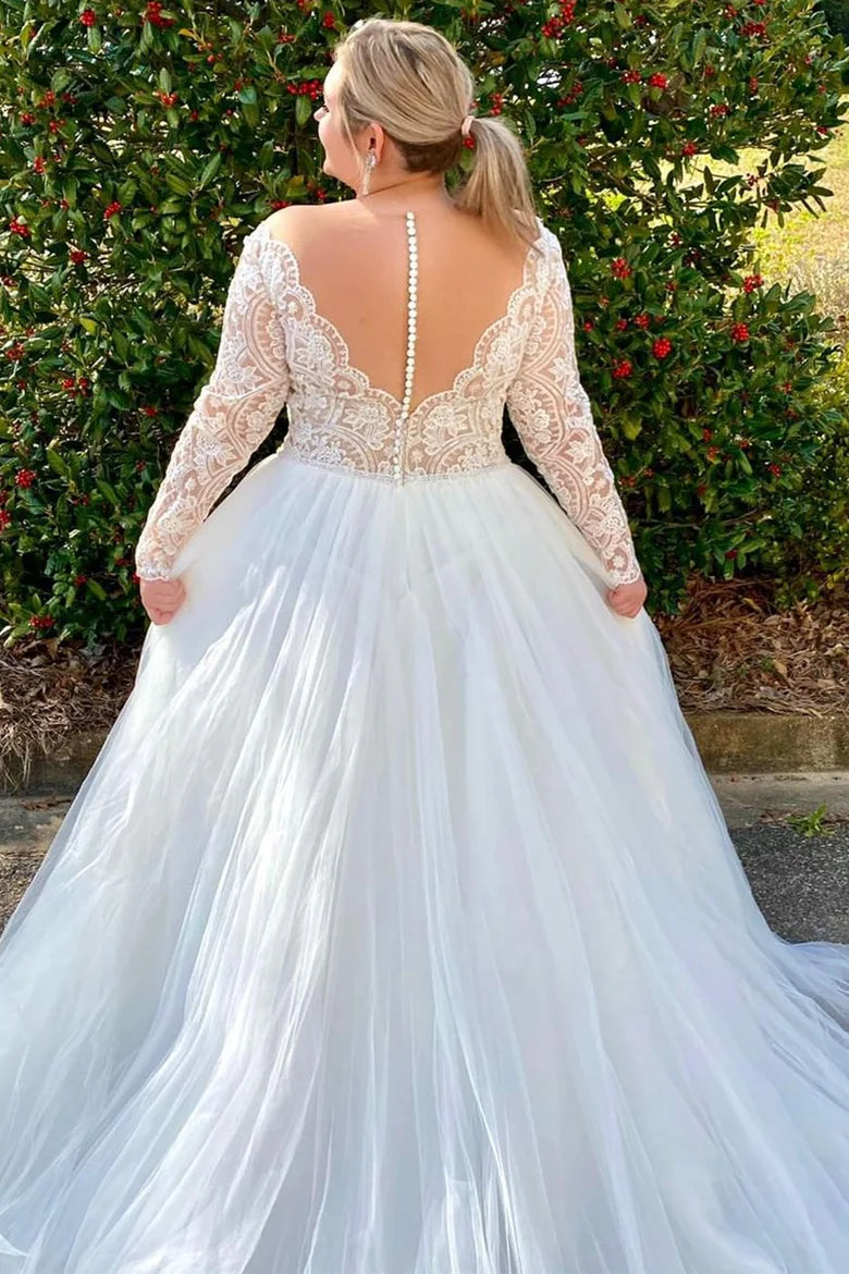 Lace V-Neck Long Sleeve Backless Wedding Dress