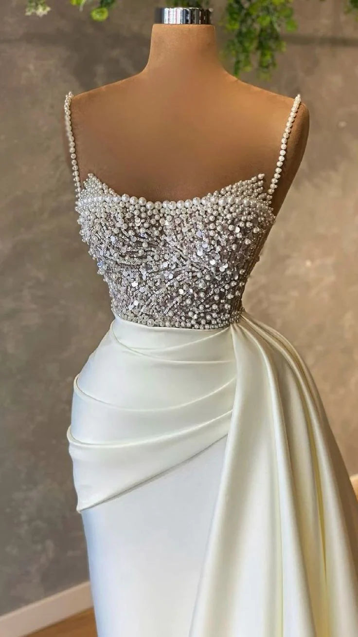 Spaghetti Straps Ivory Prom Dress Pearl Wedding Dress Formal Evening
