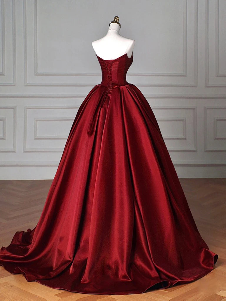 A-Line Satin Burgundy Long Prom Dress Burgundy Long Formal Dress