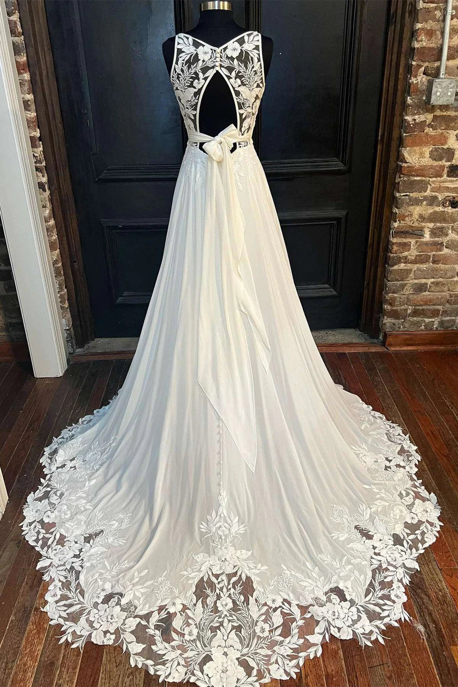 Cowl Neck Cutout Back Lace-Trimmed Long Wedding Dress