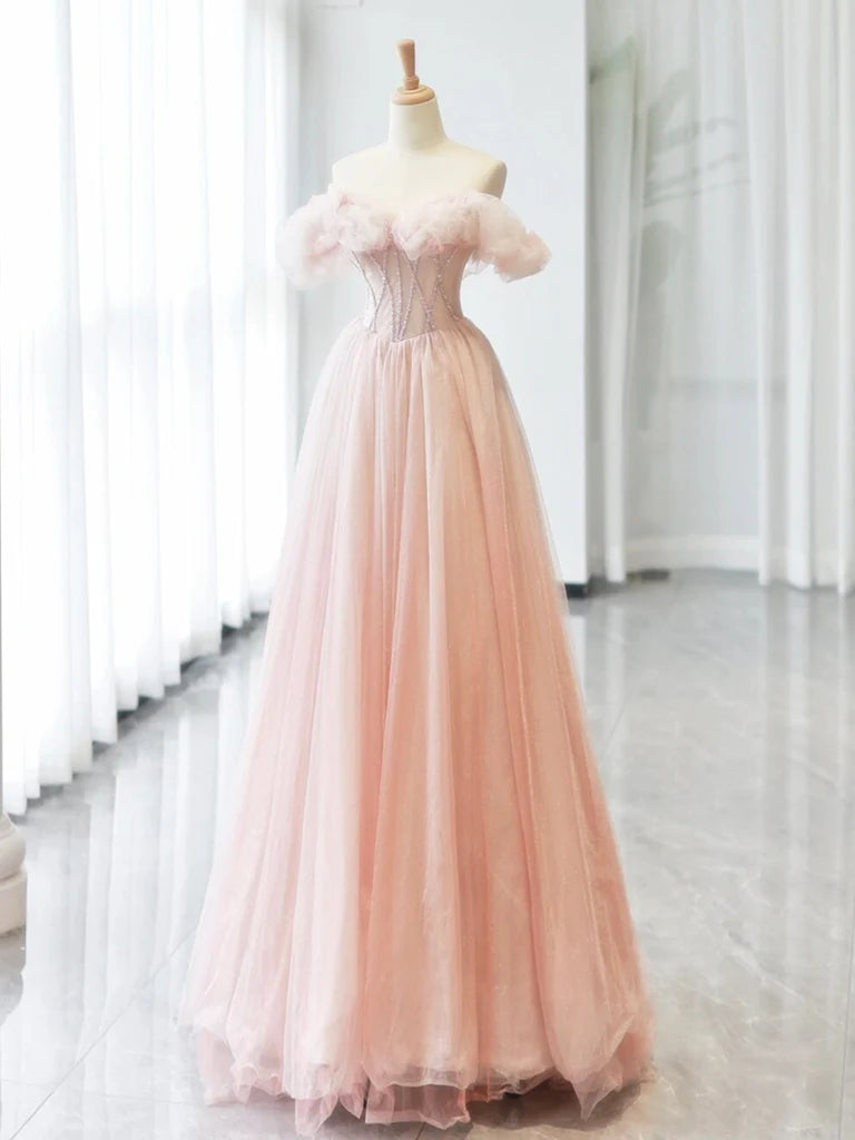 A-Line Sweetheart Neck Off Shoulder Tulle Pink Long Prom Dress