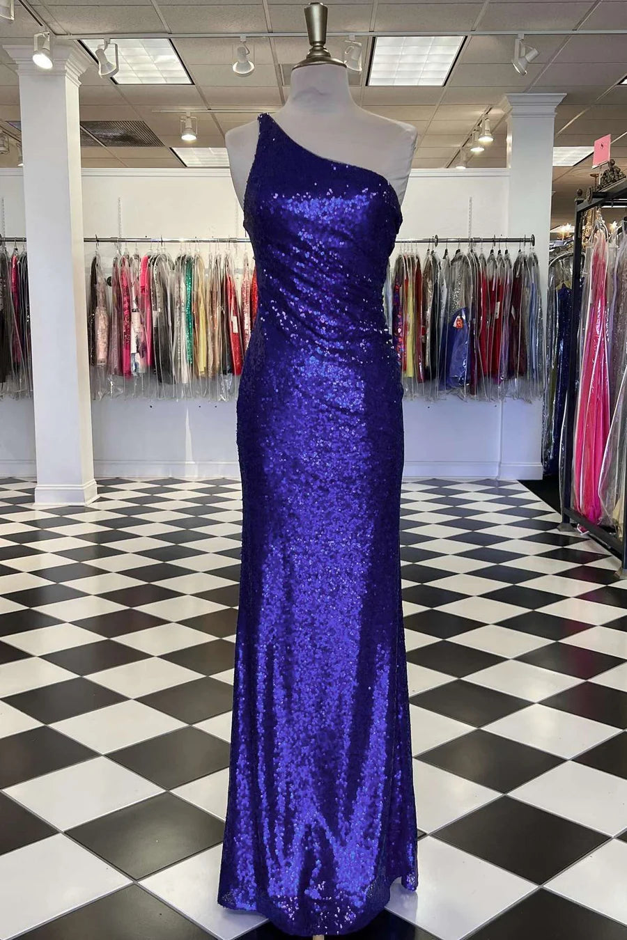Sequin One-Shoulder Long Prom Dress